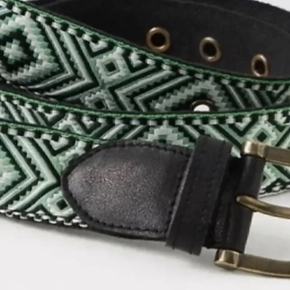 NWOT Free People Moving to Mars Belt Cotton S/M Green Black Leather Cotton Retro